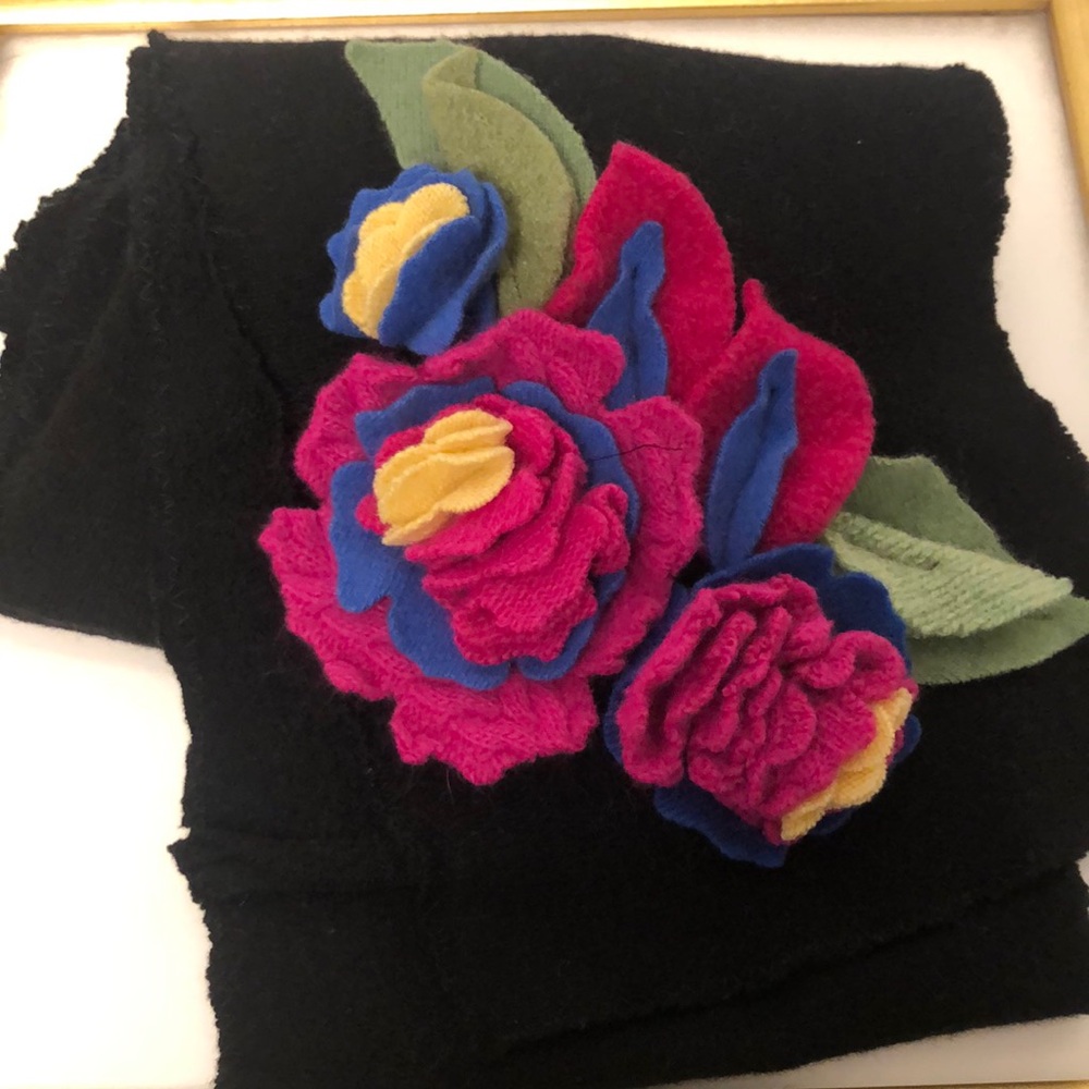Look At Me Designs Black Scarf, Knit Flower Accent  Pink, Yellow, Green, Blue.
